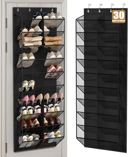 MISSLO Étagère à chaussures suspendue pour 30 paires de chaussures - Organiseur de porte en maille avec larges poches - 10 niveaux - Convient pour les chaussures de sport, rangement des bottes (noir)