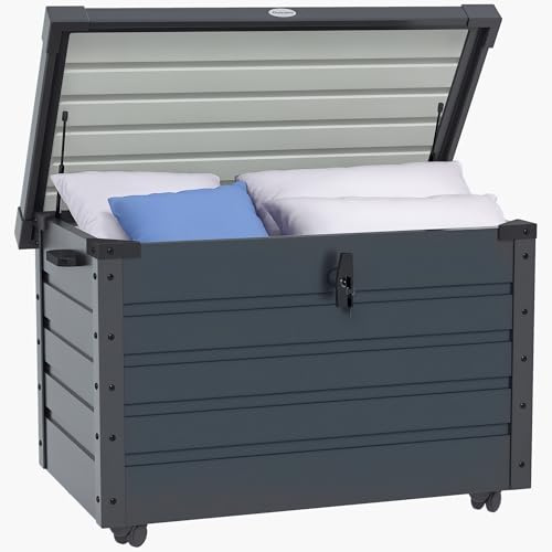 Outsunny Arcón Exterior Capacidad 295L, Baúl de Almacenaje de Acero Galvanizado con 4 Ruedas, 2 Asas y Tapa con Cerradura, Impermeable, para Jardín, Terraza, Patio, 100x62x65 cm, Gris Oscuro