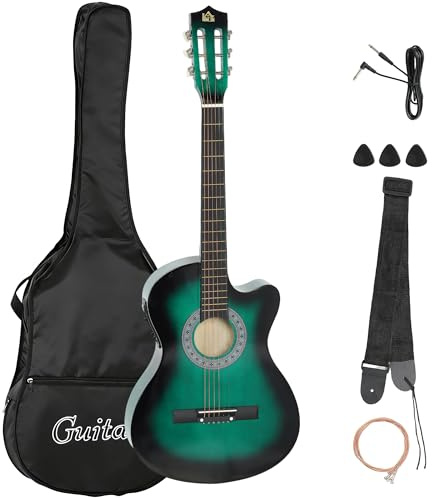 HOMCOM 38 Inch Full Size Acoustic Electric Guitar, Classical Beginner Junior Adult Guitar Gloss Finish with Carrying Case, Strap, Picks, Spare Strings - Dark Green