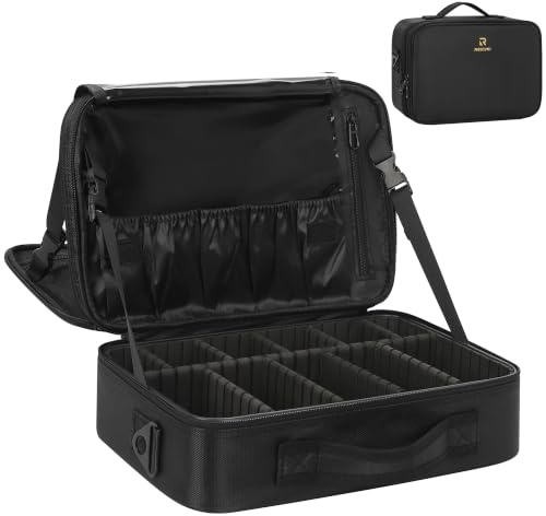 Relavel Makeup Bag Travel Makeup Train Case 13.8 inches Large Cosmetic Case Professional Portable Makeup Brush Holder Organizer and Storage with Adjustable Dividers and Shoulder Strap Black