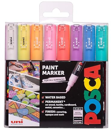 POSCA PC-1M Water Based Permanent Marker Paint Pens. Premium Extra Fine Tip for Arts and Crafts. Multi Surface Use On Wood, Metal, Paper, Cardboard, Glass, Fabric, Ceramic & Stone. Set of 8 Assorted