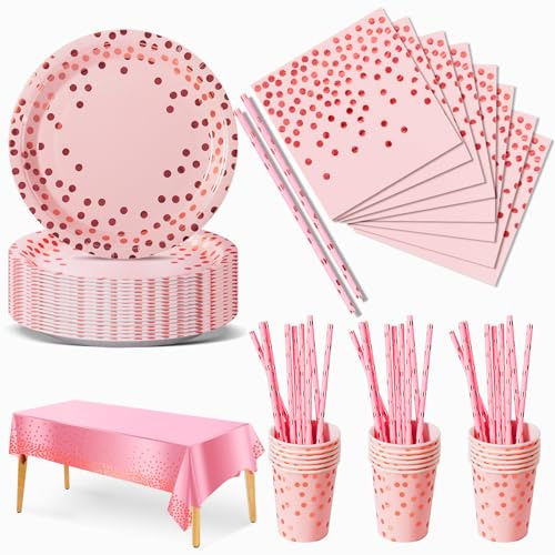 Nkaiso 126pcs Rose et Or Rose Party Vaisselle,Kit Vaisselles Anniversaire Assiette Dîner Papier Tasse Serviette, Enfants Party Fête Mariages Baby Shower Noël -25 invités