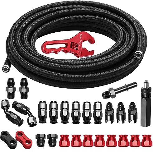 Brifitor 6AN 25 fot PTFE Fuel Line Kit, AN6 E85 nylon rostfritt stål flätad Fuel byxor med 28 st. AN Fitiings adapter, svart