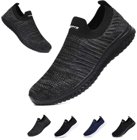 Mens Womens Slip On Trainers Casual Nordic Walking Shoes Breathable Running Shoes Nurse Work Shoes Lightweight Tennis Shoes Soft Mesh Gym Workout Sneakers Black Gray EU45 Convert UK10.5