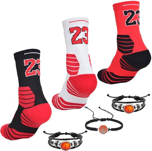 Popuid Elite Basketball-Crew-Socken für Herren, 3 Paar, 23 Sportsocken mit Schnürsenkel-Armbändern, Liga-Team-Sport-Star-Fans Geschenk, Set 1, 37.5-46 EU