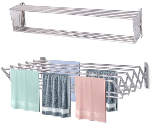 Sinbide Tendederos Plegables de Pared 80cm/ 100cm/ 120cm Extensible Tendedero con 9 Varillas para Interior y Exterior, de Acero Inoxidable, Ideal para el Cuarto de Baño o el Balcón (120cm)