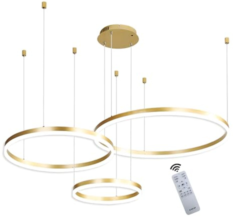 WayLuoung Lámpara LED Metal | 3 Círculos 20+40+60cm | 45W Lámpara Colgante Techo Anillos, Control Remoto Regulable 3000-6000 K, Lámpara Colgante Pantalla Acrílica Sala Dormitorio Vestíbulo【Oro】