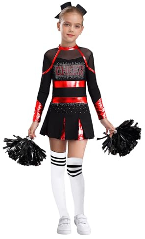 Miaeowve 4 Pcs Girl Cheerleading Uniform Dress Cheer Leader Costume Cosplay Outfits for Kids Halloween Carnival Dress up Red&White 9-10 Years