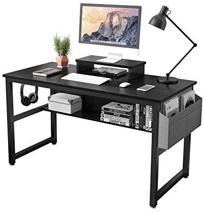 TREETALK Computer Desk, Industrial Writing Desk with Storage Bag, 43in Computer PC Laptop Table with Bookshelf and Wood Monitor Stand Riser, Dining Gaming Table for Home Office (Black)
