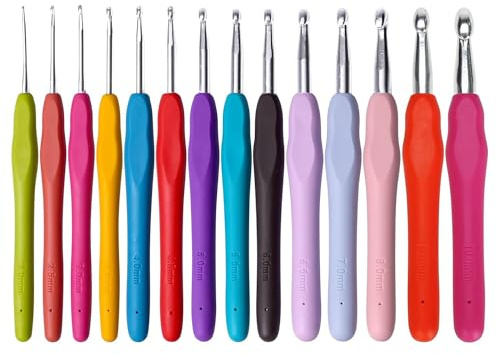 Crochet Hooks Set, 14 Pcs Crochet Kits for Beginners Adults, Ergonomic Soft Grip Handles, Smooth Knitting Needles Kit for Arthritic Hands, Crochet Needle Best for Women