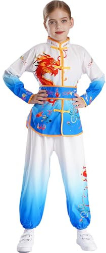 Msemis Träningsoveraller barn Kung Fu uniform kinesisk kampsport kostym pojkar flickor traditionell Tai Chi Wushu drake tryckt outfit, blå, 170