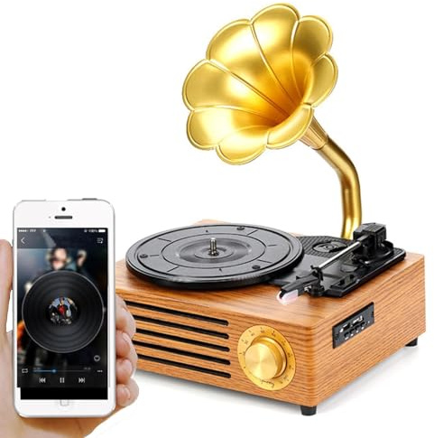 Vintage Grammofon Med Trådlös Bluetooth-funktion, Hornformad Vinylskivspelare, SD-kortspelare, 33/45/78 3 Hastigheter För Hotell, Klubbar, Barer, Yogastudior
