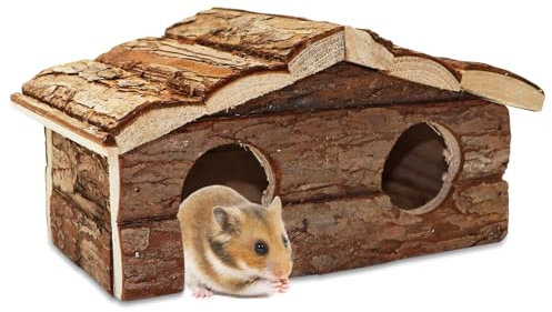 Hioph Juguetes de jaula para hámster, refugio de hibernación con techo de corteza, hábitat al aire libre a prueba de depredadores para jardín, ardilla, cabaña de troncos con paisajismo (casa curvada)