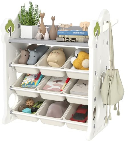 AIYAPLAY Kinderregal 4-Stufiges Spielzeugregal mit 9 Herausnehmbaren Boxen, Ablage, Haken, Kinderzimmerregal Aufbewahrungsregal für Kindergarten, Spielzimmer, 77 x 42 x 94 cm, Cremeweiß