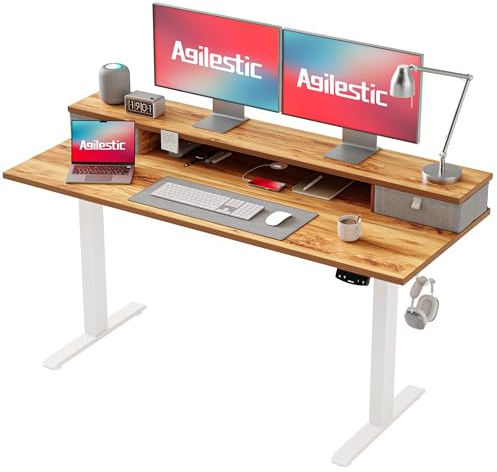 Agilestic Adjustable Height Desk with 2 Drawers, 140 x 60 cm, Stable Electric Sit-Stand Desk, Ergonomic Computer Desk, Light Brown