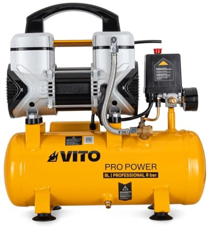 VITO - Compresseur d'Air Portatif Silencieux 8L 1.5CV / 1,1 kW Gonfleur Pneus Voiture Chantier Sans huile 8 bar