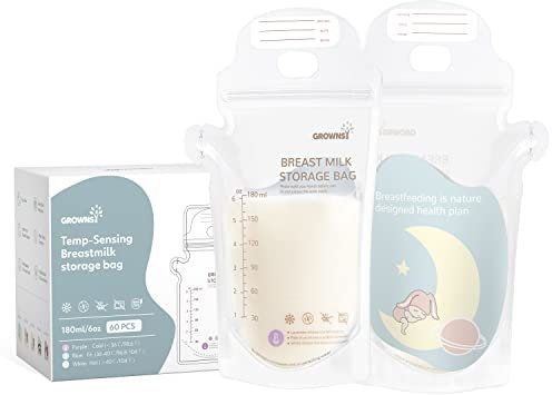 GROWNSY Muttermilch-Aufbewahrungsbeutel 60 Stück, 180ml BPA-frei Muttermilch Aufbewahrung Bag, Milchbeutel für Muttermilch temperaturfühlend， selbststehend und auslaufsicher