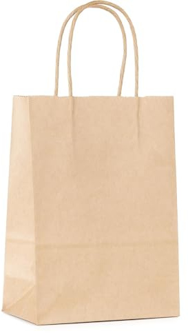Commerline 50 Stycken Papperspåsar Med Handtag | Brun, 14+8x22 cm Presentpåsar | Kraftpapperspåsar Med Snörhandtag | Pappersbärkassar för Shopping och Förpackning | DIY