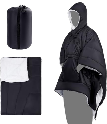 REDCAMP Poncho de camping en plein air, couverture de camping imperméable en polaire avec chapeau, poncho d'hiver ultra léger pour 3 saisons, passez à une couette ou un sac de couchage, pour la