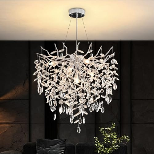 YZBEIMDAI Lusso Lampadario di Cristallo, Argento Lampada a Sospensione di Cristallo a Forma di Ramo d'albero, Lampadario al Cristallo Luce per Sala da Pranzo, Soggiorno, Camera da Letto