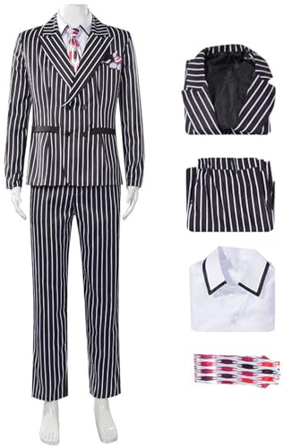 Kolegrial Stanley Disfraz Hombre Cosplay Maskman Jim Carrey Stanley Vintage Smoking Rayas Uniforme Set Chaqueta y Camisa Pantalón Corbatapara Carnaval Halloween Fiesta Cumpleaños Mascarada Traje