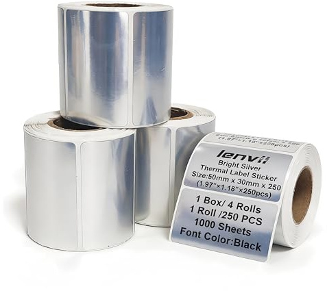 LENVII 50mm x 30mm Etichette Termiche Argento Spazzolato(1.97x1.18)1000 Fogli-4 Rotoli × 250,Adesivi Resistenti a Strappi/acqua/Olio/Graffi per Loghi,Prodotti/Regali Etichette,per Stampanti Termiche