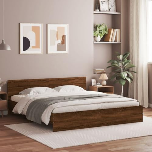 Brokky Cama 200x200 con cabecero y Luces LED Estructura Cama de Madera Cama Matrimonio con somier y Base Cama Juvenil-Marrón roble-200 x 200 cm