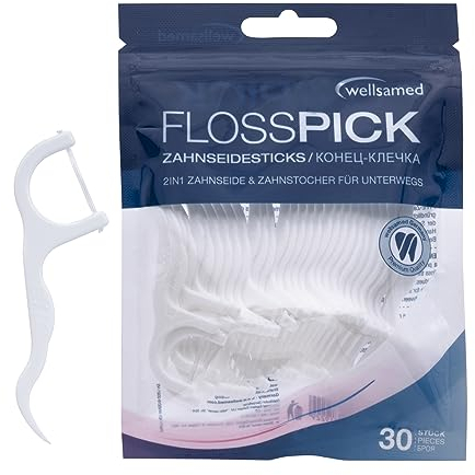 Wellsamed ungewachste Zahnseidensticks Geschmacksneutral, für eine gründliche Zahnzwischenraumreinigung (30 Stück)