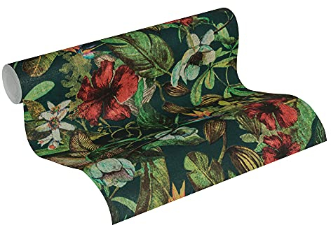 A.S. Création Vliestapete Greenery Tapete in Dschungel Optik mit Palmenblättern 10,05 m x 0,53 m grün blau rot Made in Germany 372165 37216-5