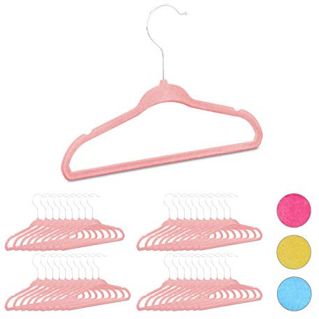 Relaxdays 40 x Kleiderbügel Kinder im Set, rutschfest, Kinderbügel Samtbezug, weiche Babybügel, 360° drehbare Haken, rosa