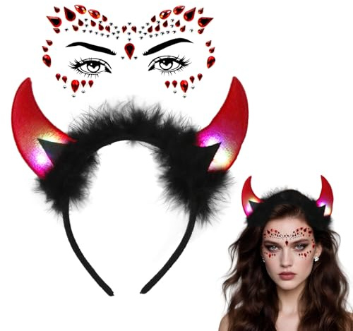 Sprinlot Cerchietto Diavolo Rosso, Tatuaggio Corna del Diavolo Glitterato, Tatuaggio Cerchietto Carnevale Halloween Party ST-Home-A33-3