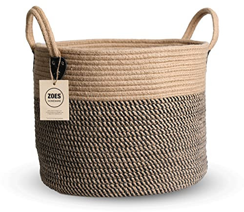 ZOES HOMEWARE 14x12 Natural Jute Rope Woven Storage Basket with Handles for Plant, Blankets,Toys,Clothes,Shoes - Living Room Home Decor,Multifunctional Basket for Organizer,Picnic,Artificial Tree