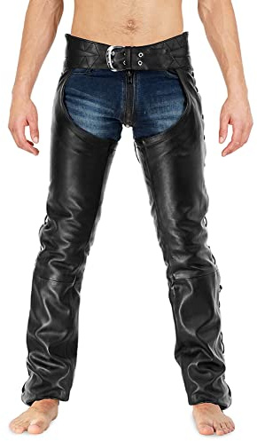 Bockle® Schnür-Chaps läderbyxor herr jeans, Svart, 38W x 36L