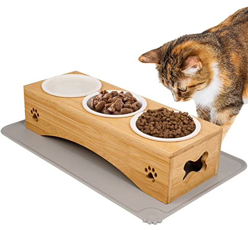TAMOWA Katzennapf Erhöht, 3er Set Futternapf Katze Futterstation mit Napfunterlage Silikon,Futterstation Katzen Keramik Hundenapf, Fressnapf und Wassernapf für Katzen und Kleine Hunde