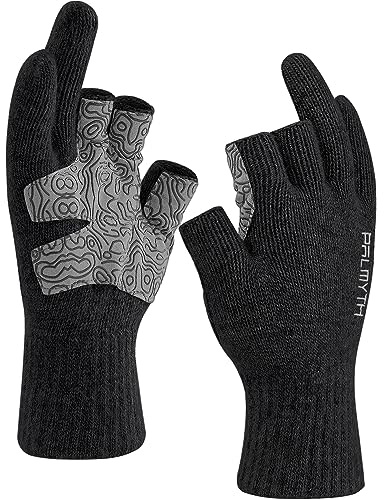 Palmyth Guanti da pesca in lana, con dita a 3 tagli, caldi, per uomini e donne, senza dita, per la stagione fredda, per pesca invernale a mosca, pesca sul ghiaccio, fotografia e caccia (nero, L/XL)