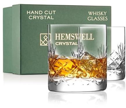 Hemswell Kristall Whisky Gläser Set, 2 Stück – 310 ml, altmodische Gläser, Whisky-Becher – traditionell geschliffenes, bleifreies, hochklares Kristall-Probierglas – satinierte Box (Glenrigg)