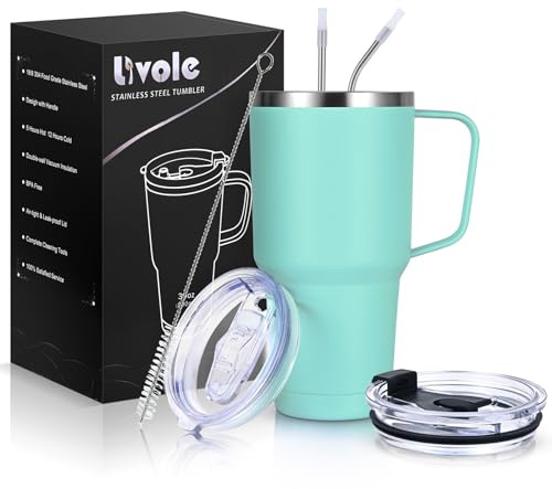 Livole Termosmugg på 30 oz, 900 ml, dubbelväggig termosmugg med sugrör och handtag, rostfritt stål isolerad campingmugg med handtag, kaffemugg to go termo, dryckesmugg för kaffe, cocktail, mintgrön