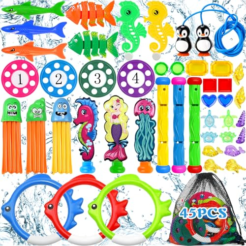 ZLPBAO Jouet Piscine 45 Pièces Jouets de Plongée, Jeux Piscine Enfant Jeu Exterieur Enfant Cadeau Garçon Fille 3-12 Ans, Anneaux de Plongée,Torpedo Bandits avec Un Sac, Enfants L'entraînement sous-Ma