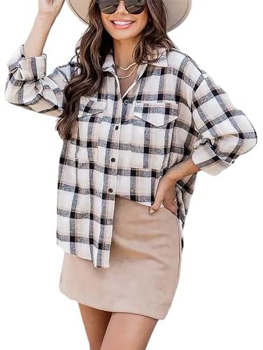 Timuspo Blusen & Tuniken für Damen Kariertes Hemdbluse V-Ausschnitt Flanellhemd Longbluse Damen lässig für Leggings Kleidung Khaki L