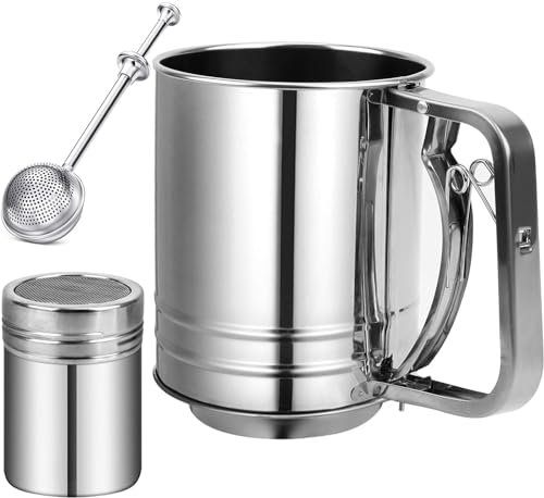 Flour Sifter Stainless Steel,5 Cup Flour Sifter for Baking,3 in1 Sifter for Baking with Powdered Sugar Shaker Duster, Flour Shaker Duster for Baking Cakes, Pastries, Pies, Cupcakes and Desserts