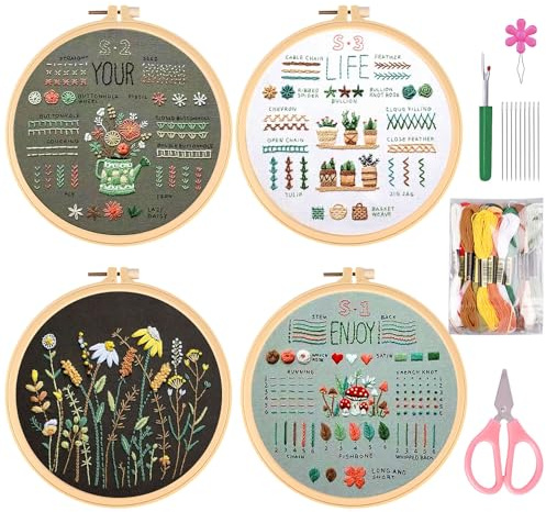 Vegena Kit de Démarrage de Broderie, 4 Pièces Fils à Broder Kit, Broderie Débutant Outil, Embroidery Starter Kit pour Adultes Débutant, Kit d'aiguilles de Fils de Couleur, Cerceaux de Broderie