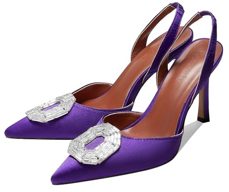 Vertundy Women's Rhinestone Satin Slingback Pumps Pointed Toe Satin Crystal Stiletto High Heels Sandals Party Wedding Bride Pump Dress Shoes, Purple, 7 UK