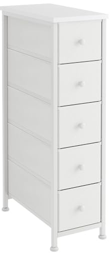 CAIYUN Kommode mit Schubladen aus Stoff, Kommode Schmal mit 5 Schubladen, Komodenschrank Schubladenschrank, Beistelltisch Nachttisch für Wohnzimmer Schlafzimmer (Weiß)