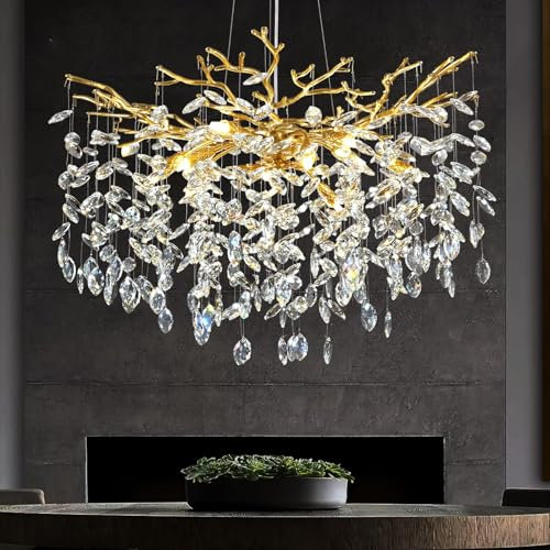 ZenithBeam Dorada LáMpara De Araña Colgante De Cristal,Forma De La Rama Moderna Chandelier Aluminio Para Dormitorio,10 G9 Luces Lampara Colgante Para Mesa De Comedor Cocina Sala De Estar,D60Cm