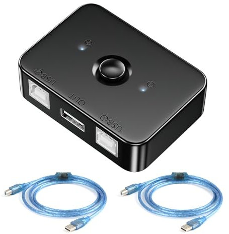 Switch USB, Conmutador de Impresión 2 en 1 Salida con Luz LED, para 2 Computadoras Compartiendo Teclado, Ratón, Impresora, con 2 Cable Impresora USB 1,5 m