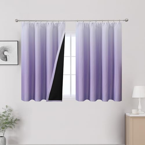 VEHEDE Ombre Short Thermal Insulated Curtains, Lilac and White Window Decor Drapes for Room Darkening with Pencil Pleat, Gradient 2 Panel Soft Curtains for Living Room, W52 x L54 Inch