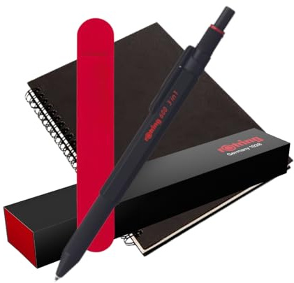 rOtring 600 penne e portamine multicolore 3 in 1 | Fusto nero | Penna a sfera (inchiostro nero e rosso) + matita da 0,5 mm | Confezione regalo + quaderno a spirale A5 + sacchetto di velluto