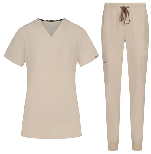 B-well NAOMI Divisa Sanitaria Donna Elastica | Uniforme Sanitaria Donna | Set con Casacca e Pantaloni Stile Jogger| Divise Sanitarie | con Spandex sabbia, S