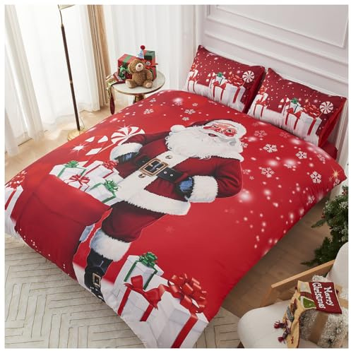 GC GAVENO CAVAILIA Christmas Duvet Cover Single - Soft Xmas Bedding & Quilt Cover with Pillowcase - Jolly Santa Pattern Single Bed Duvet Set - Breathable Comforter Cover (135x200 cm) - Washable