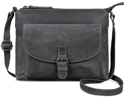ROYALZ Maine moderne Vintage Damenhandtasche Leder klein - Echtleder Umhängetasche Damen Handtasche als Crossbody Bag oder Schultertasche für Freizeit Ausgehen Alltag;Farbe:Navy Grau